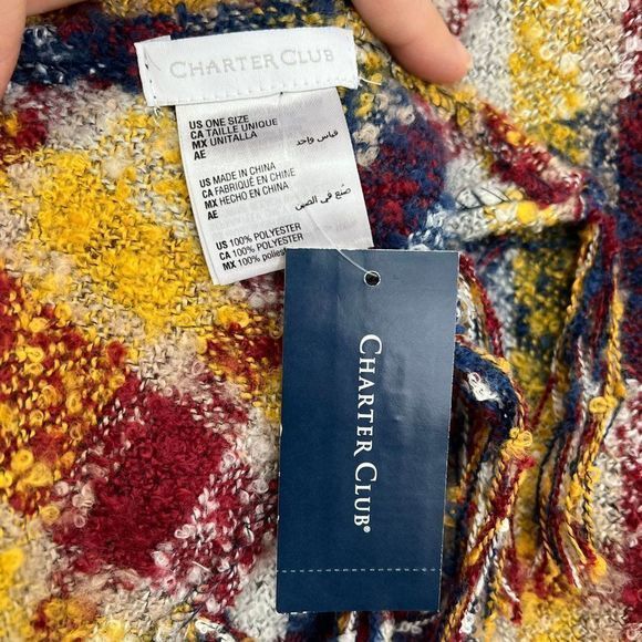 Charter Club Classic Plaid Bouclé Triangle Scarf Fringe Red Navy Yellow 70 x 33" - Picture 5 of 8
